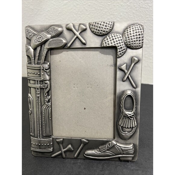 Pewter Picture Frame Golf Theme Standing 7x6” Holds 3.5 x 5” Photo Picture - Picture 1 of 14